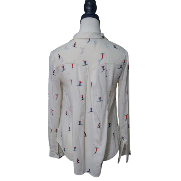 Cabincore Ski Print Button-Front Blouse Maeve | Whimsical Winter Top | Size 0 - Picture 4 of 13